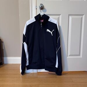 Puma Track Jacket Men's Large Navy Blue White Retro Full Zip Puma Chest Sleeve